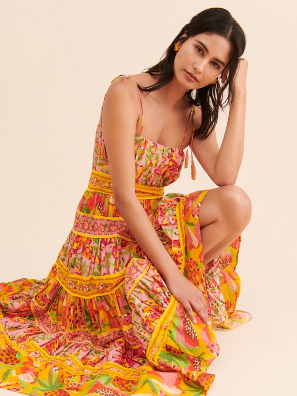 FARM Rio Mixed Fruits Paradise Midi Dress L Floral Beaded